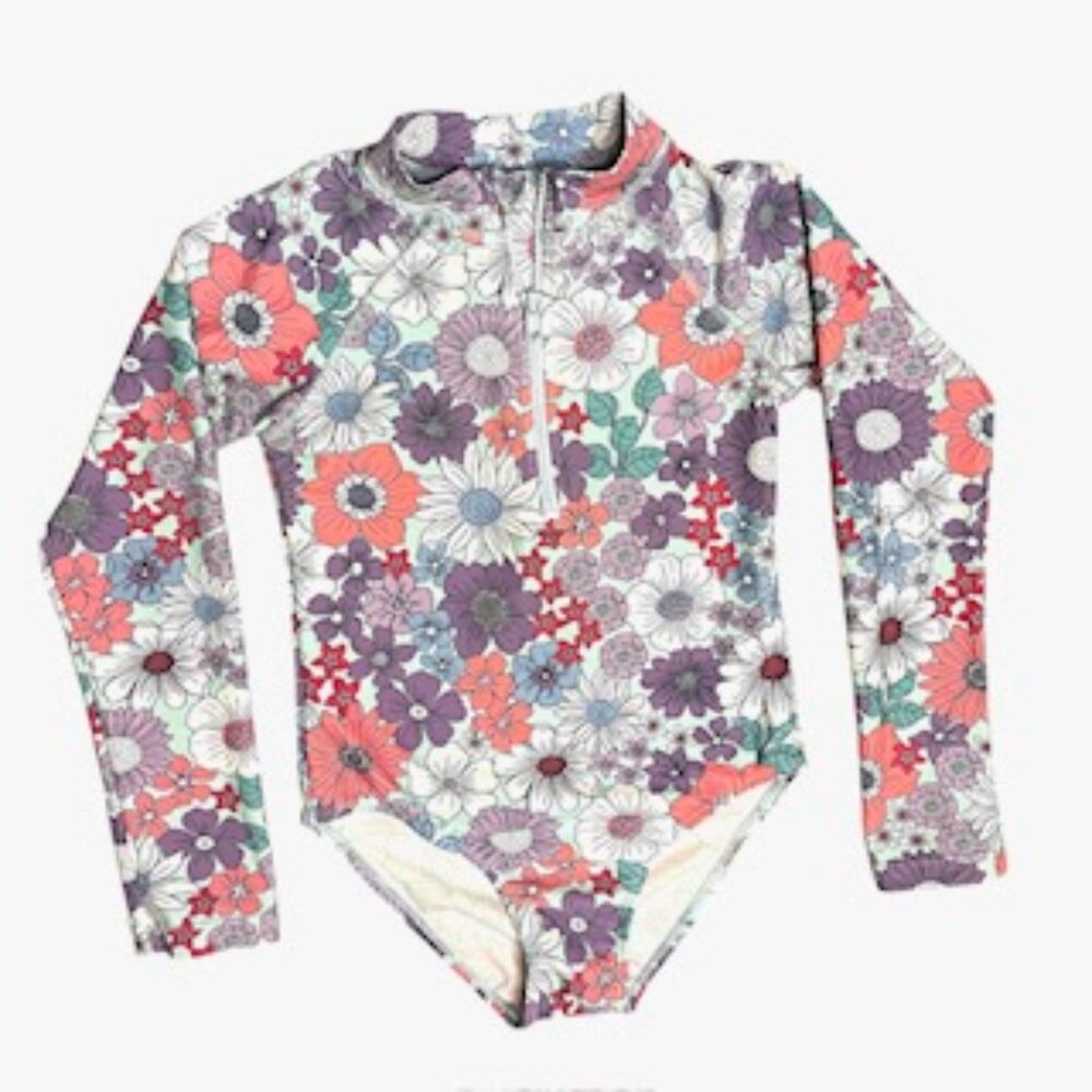 Girl's Long Sleeve Floral Pattern Swimsuit Size 8